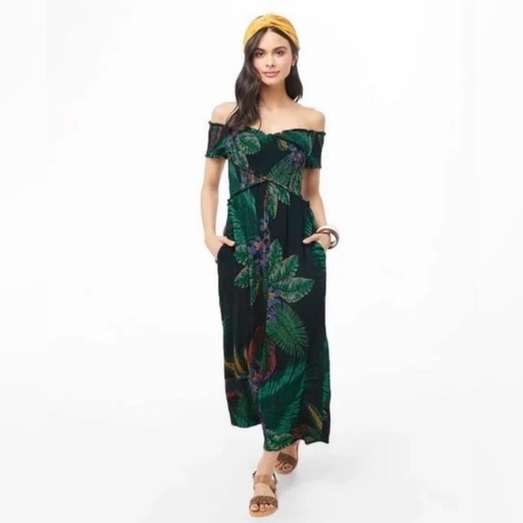 Anthropologie | Patrons of Peace | Marine Smocked Tropical Print Jumpsuit - Picture 1 of 10